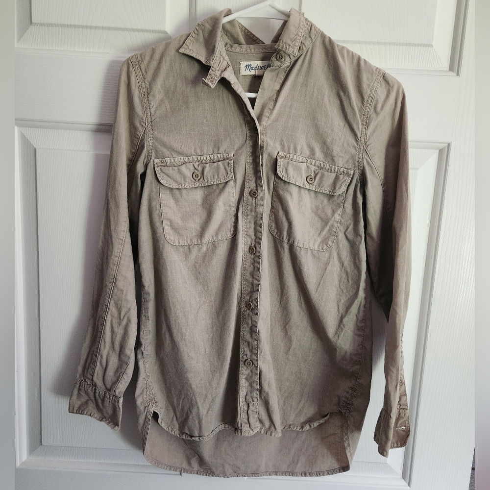 Madewell Olive Green/Beige Button Up Collared Cargo Shirt